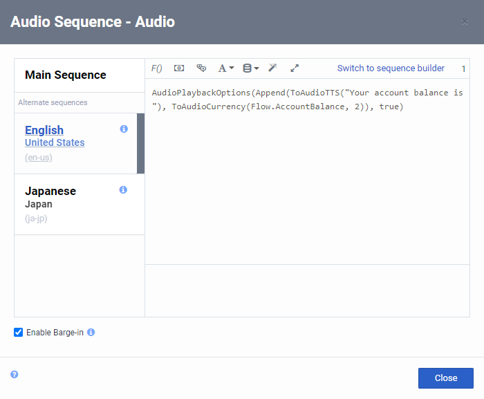 Balance de cuenta de secuencias de audio Expression Builder