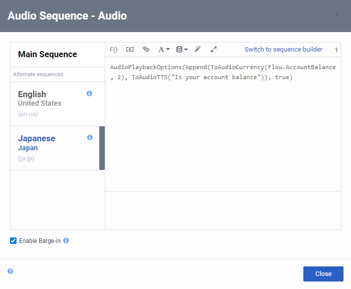 Audio sequence account balance Japanese Expression Builder