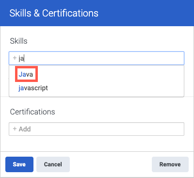 The Skills & Certifications window that shows adding skill and the list of suggestions