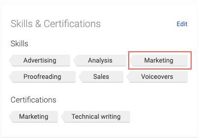 La ventana Habilidades y certificaciones con un recuadro naranja alrededor de la etiqueta de habilidades de Marketing