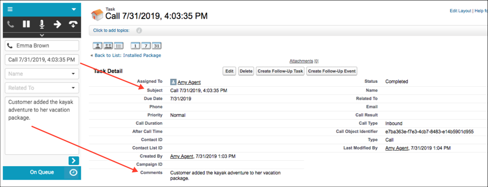 Información de registro de interacción sincronizada con la actividad de Salesforce