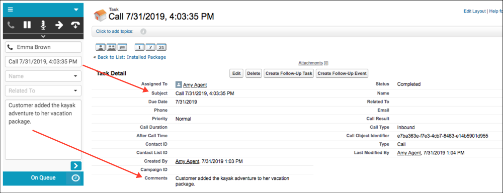 Interaction log information synced to Salesforce activity