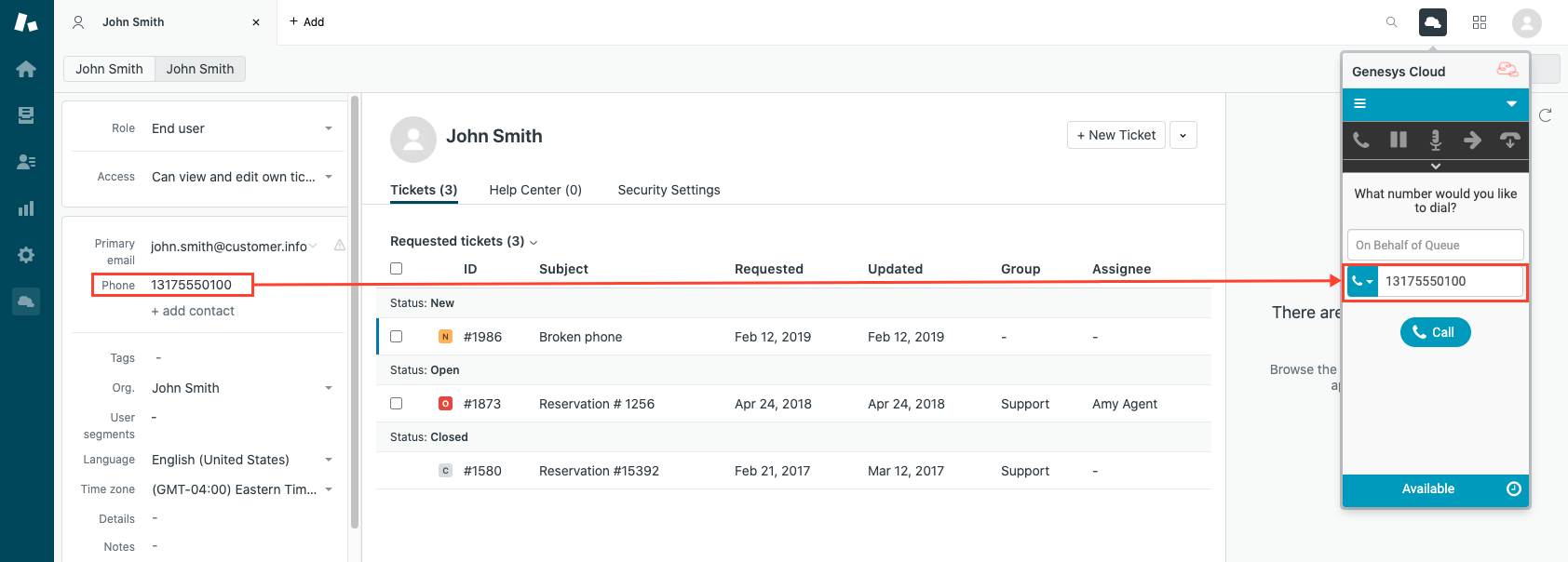 Click-to-dial example in Genesys Cloud for Zendesk