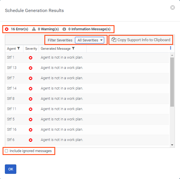 Schedule Generation Results dialog box