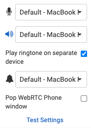 Test WebRTC phone settings