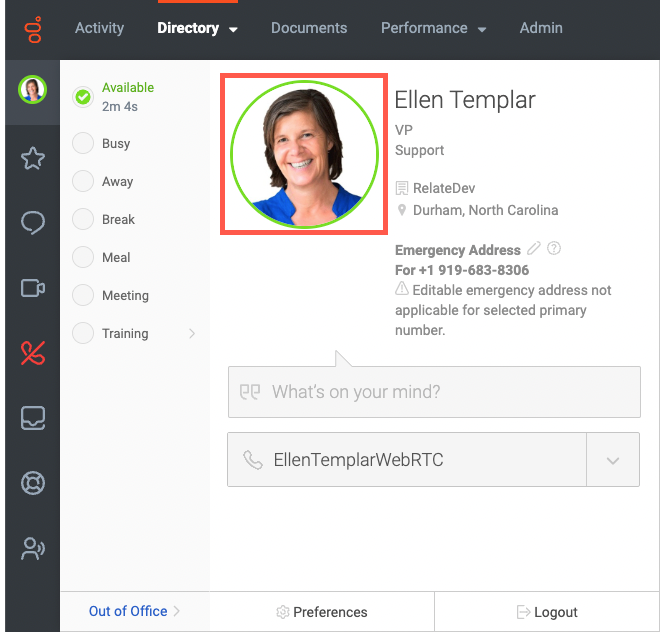 Ellen Templar's user settings with her picture in an orange square