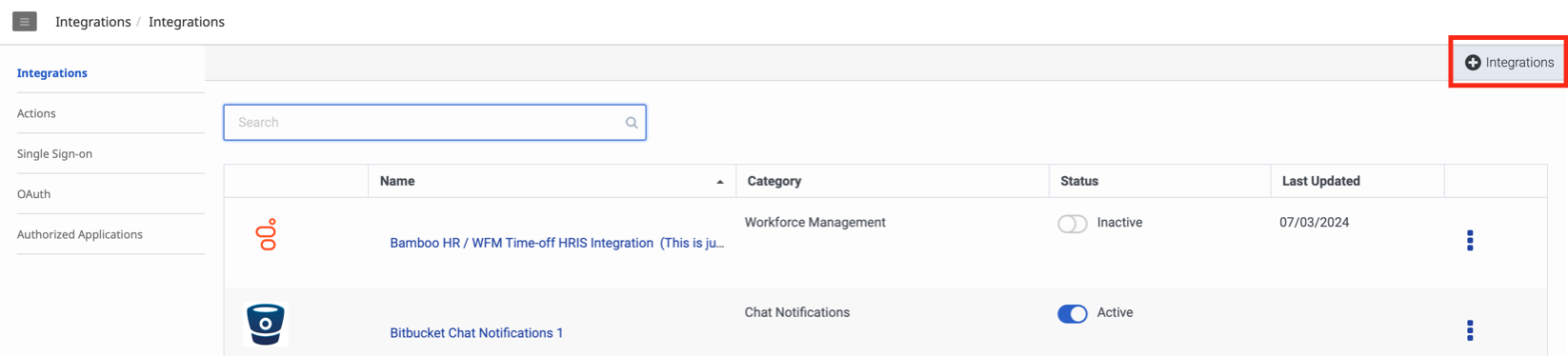 Displays the Integrations landing page where you can click Integrations to create a new integration