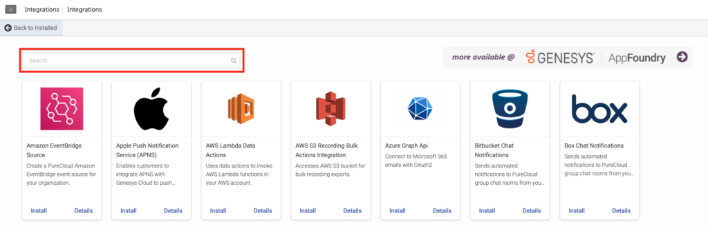 Displays the Integrations applications page, which lists the applications as tiles. You can use the Search box to search an app