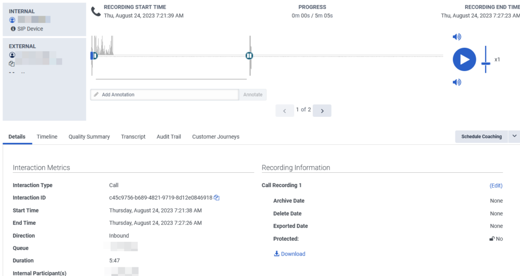 View an interaction's quality summary