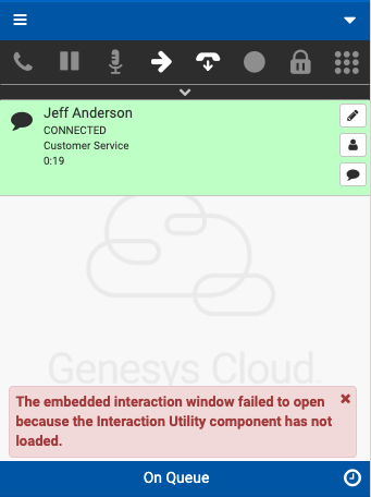 Error message indicating that Interaction Utility component is not loaded
