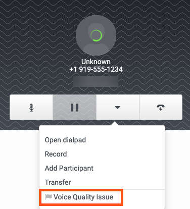 The active call panel showing the Voice Quality Issue flag