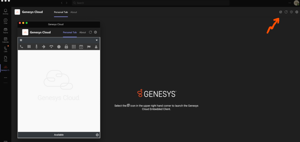 This image shows the Genesys Cloud client open in Microsoft Teams.