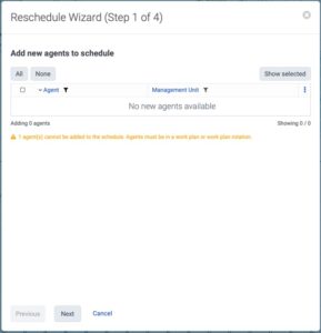 Reschedule wizard displaying the details of new agents to be added to the reschedule