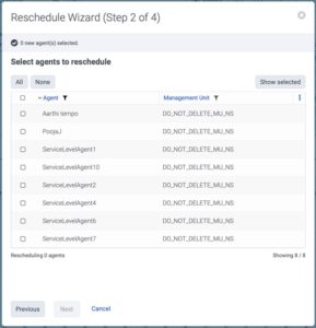 Reschedule wizard displaying the details of existing agents whose shifts need rescheduling