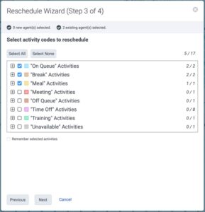 Reschedule wizard displaying activities available for selection