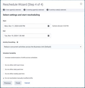 Reschedule wizard displaying multiple fields to further refine the schedule rescheduling