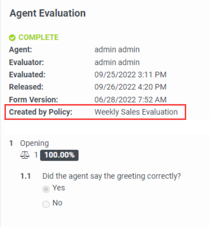 Source of evaluation on the Agent Evaluation card