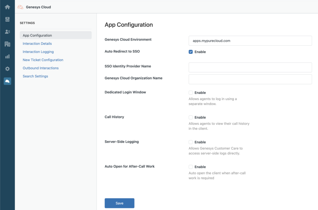 The images shows the Zendesk app configuration settings.