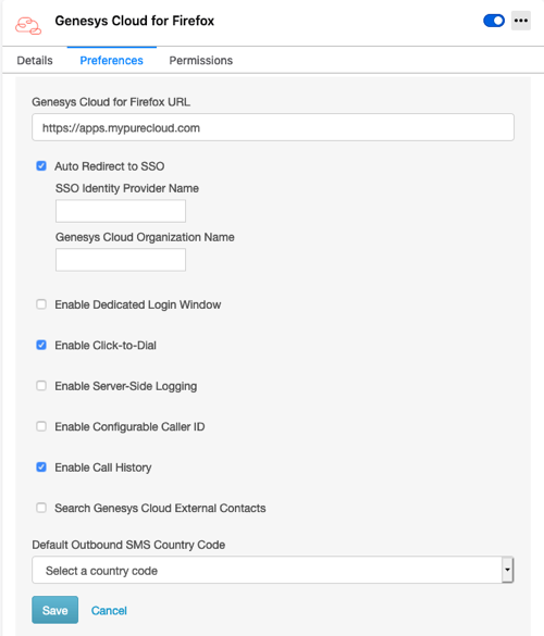 Settings for Genesys Cloud for Firefox