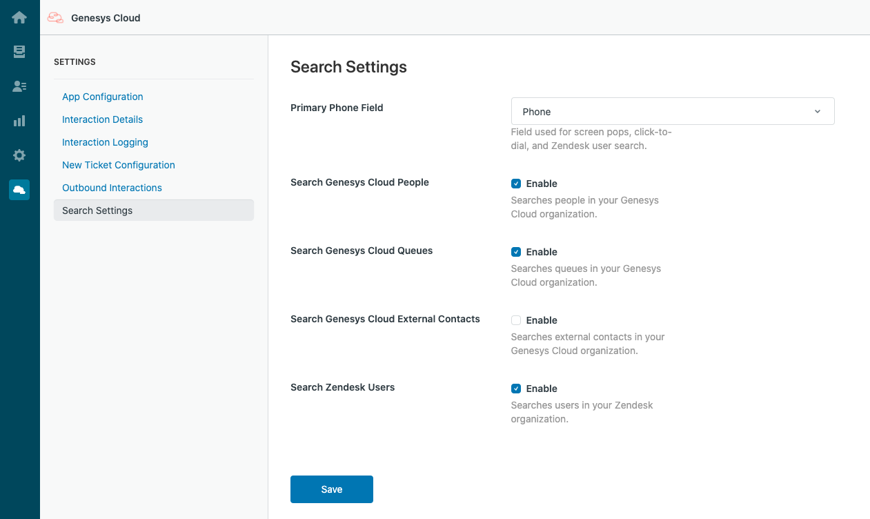 Search Settings in Genesys Cloud for Zendesk