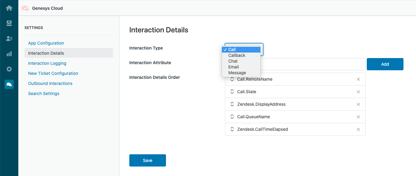Settings for Interaction Details in Genesys Cloud for Zendesk