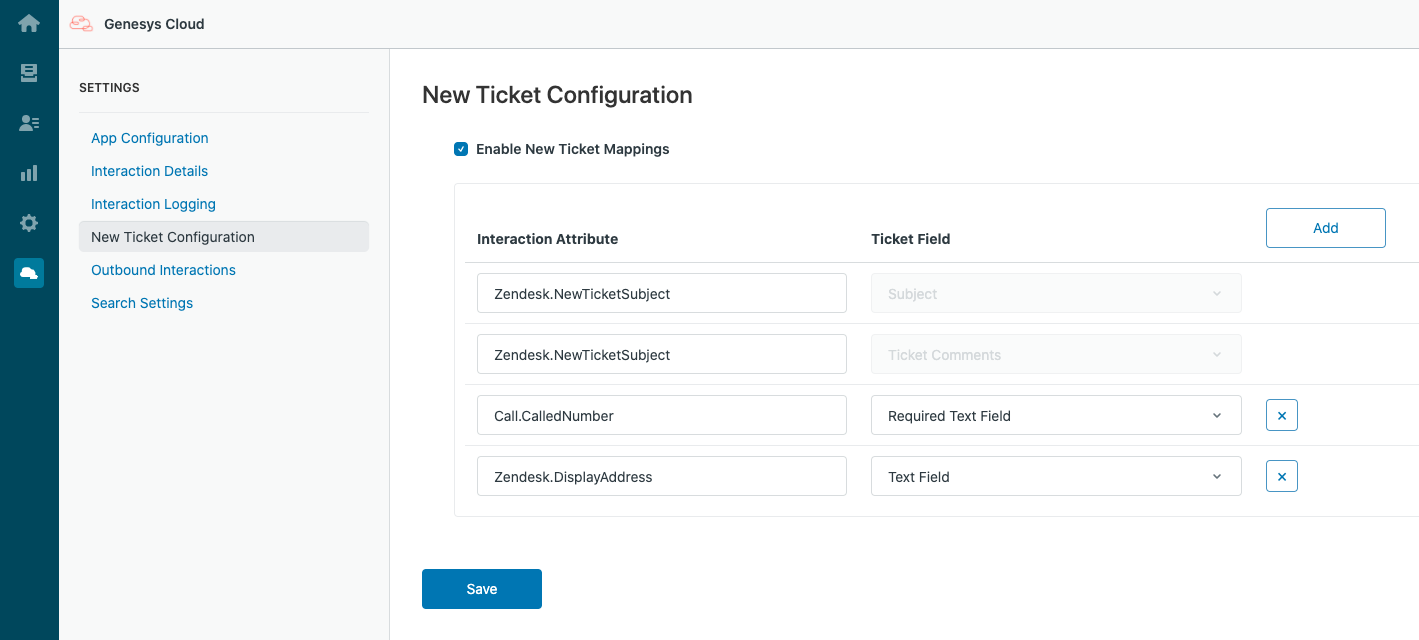 Interaction attributes mapped to new tickets in Genesys Cloud for Zendesk