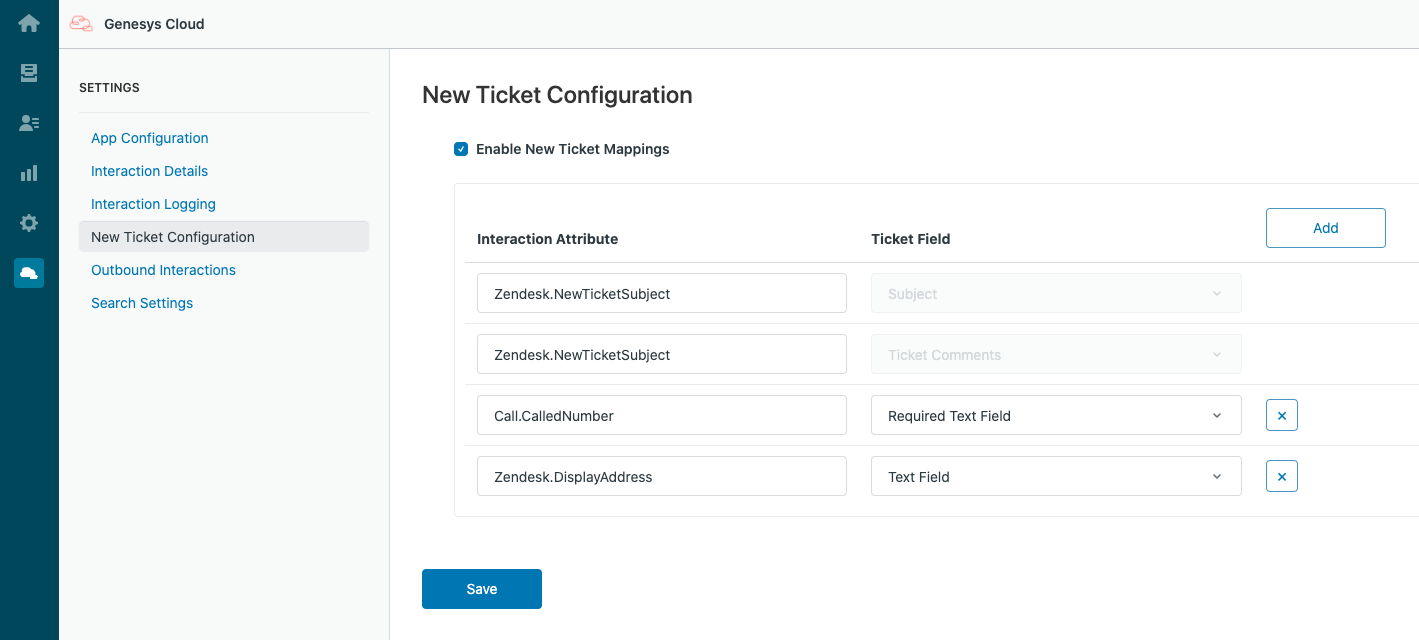 在 Genesys Cloud 中为 Zendesk 映射到新票证的互动属性