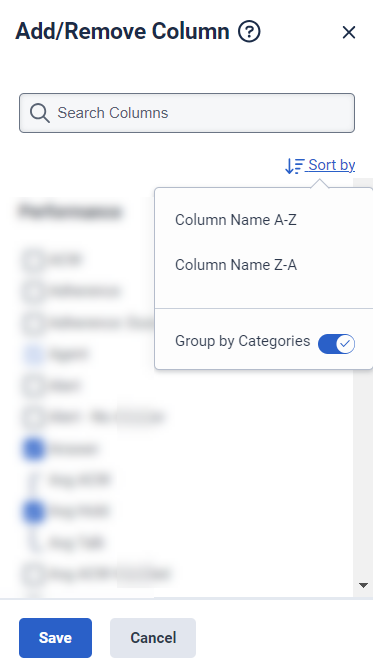 Sort by options that appear when you add or remove column