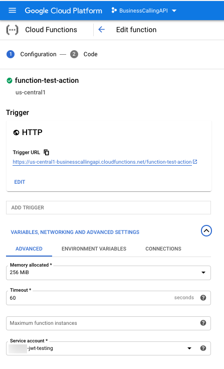 Assign service account to function in Google Cloud Platform