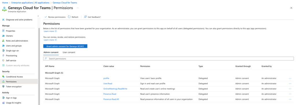 Microsoft Entra ID permissions list for the selected application.