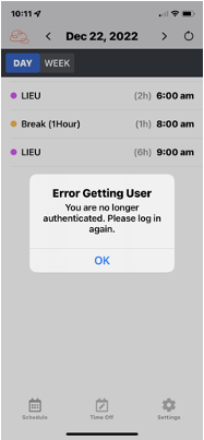The Tempo app with an error message