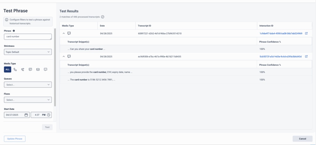 Test phrase option and results UI