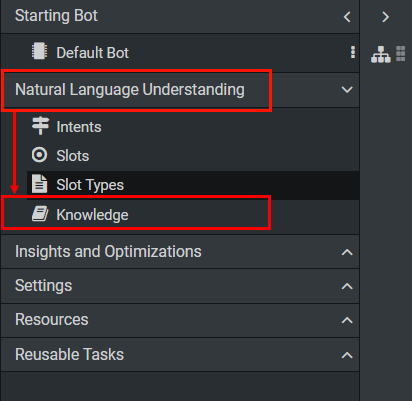 Natural Language Understanding menu - Knowledge