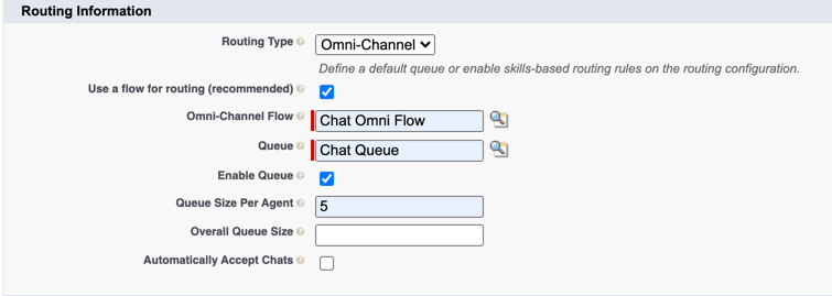 The image shows the routing information selected while creating a chat button in Salesforce.
