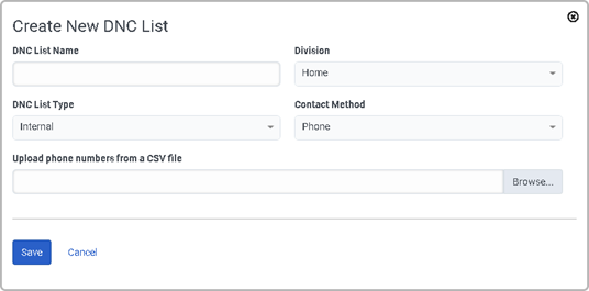 La figura muestra cómo crear una nueva lista de dnc mientras se edita la configuración de una campaña.