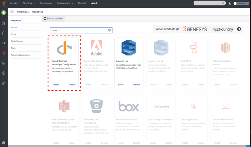 Figure shows finding the OpenID Connect Messenger Configuration in the Genesys AppFoundry.