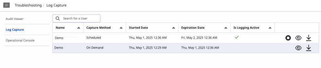 Log capture page