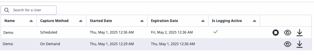 Log capture page