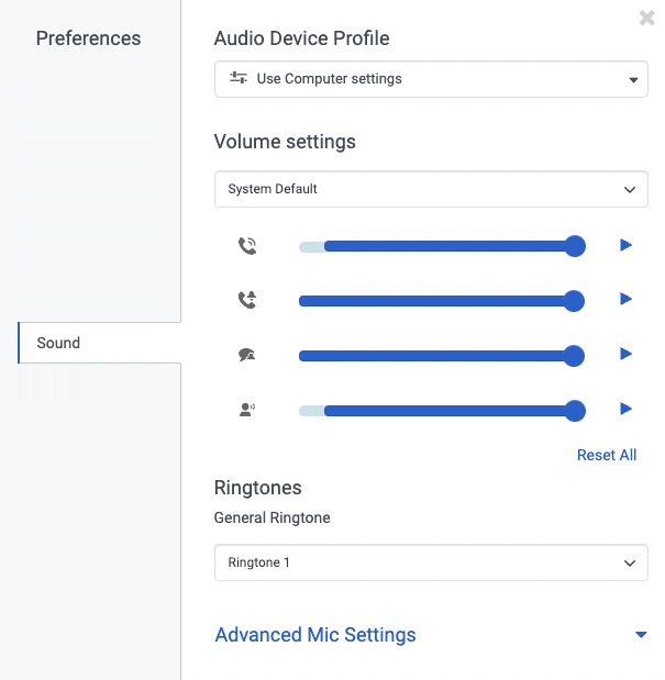 The Sound preferences panel that shows the Audio Device Profile list, Volume settings, Ringtones, and Advanced Mic Settings
