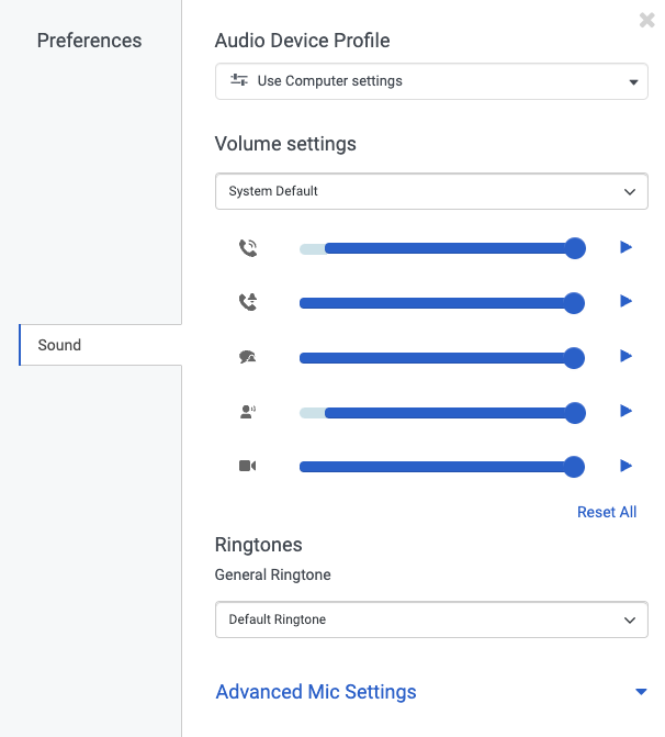 The Sound preferences panel that shows the Audio Device Profile list, Volume settings, Ringtones, and Advanced Mic Settings