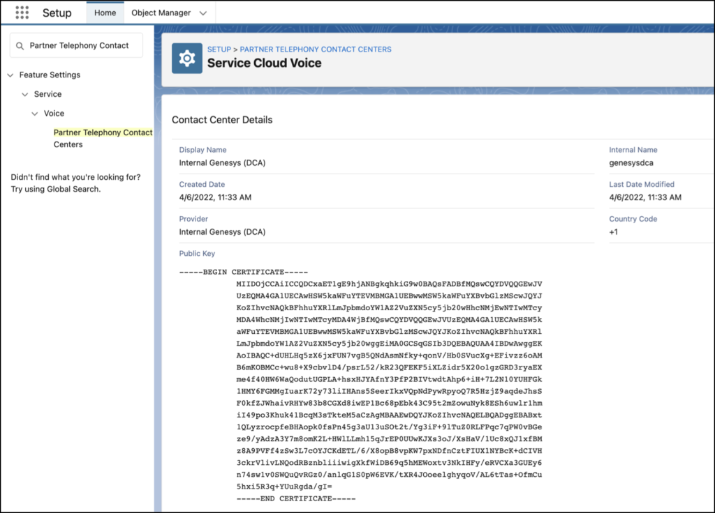 The images shows the newly created contact center in Salesforce service cloud voice. The contact center details along with the public key is displayed.
