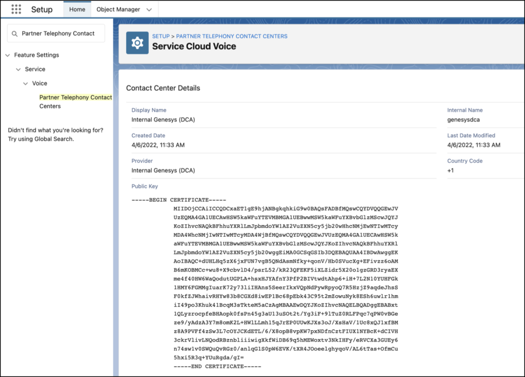 画像は、Salesforce service cloud voiceに新しく作成されたコンタクトセンターです。 公開鍵とともにコンタクトセンターの詳細が表示されます。