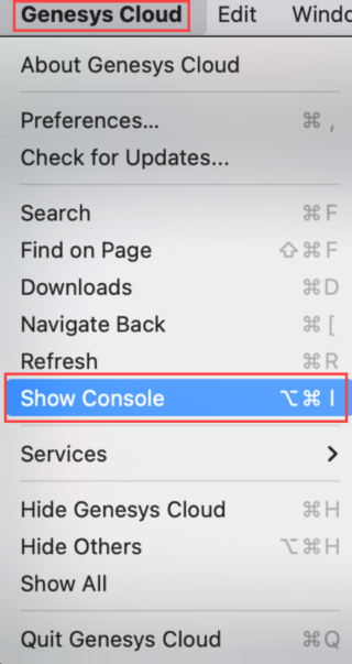 Opción Mostrar consola en el menú de Genesys Cloud en Mac