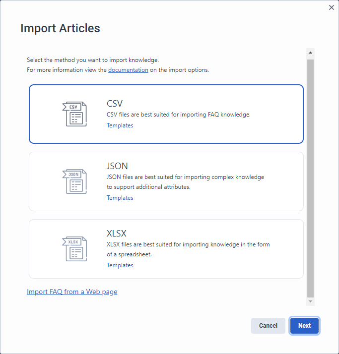 Import articles into a knowledge base