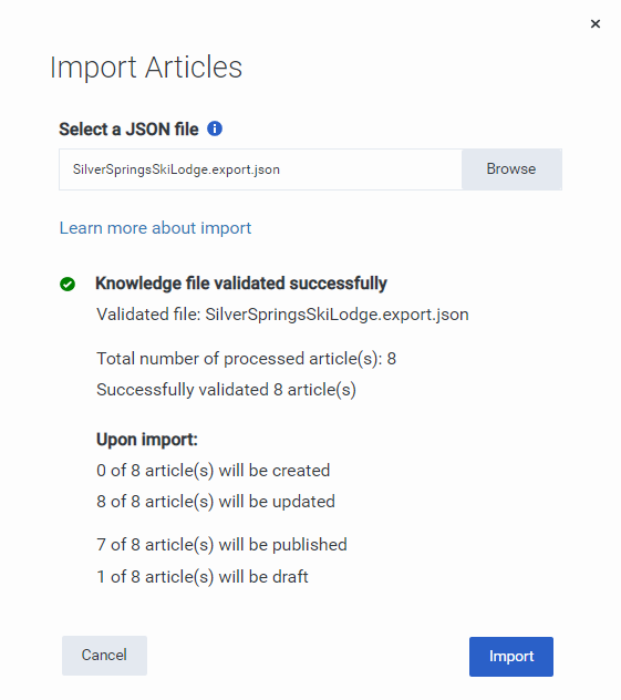 Validate imported knowledge base articles