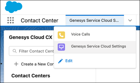 This image shows the Genesys Cloud Service Settings in the lightning app menu.