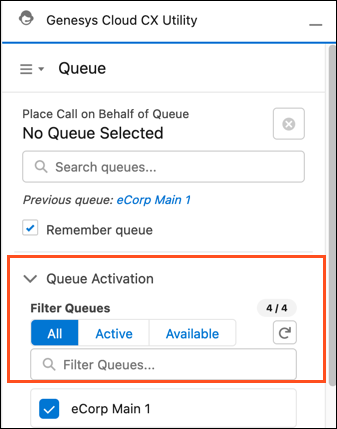 This image shows the queue activation section in the Genesys Cloud CX Utility window.