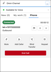 Esta imagen es una captura de pantalla del widget Omni-canal con los controles de llamada disponibles.