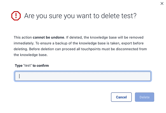 Confirm knowledge base deletion