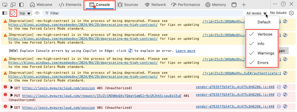 Opciones de la consola Microsoft Edge
